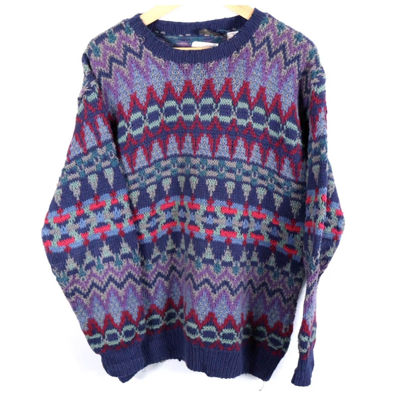 Vintage VINTAGE Hand Knit Sweater Women's Large Purple Dark Blue Fair Isle Heavyweight Ramie Size L / US 10 / IT 46 - 2 Thumbnail