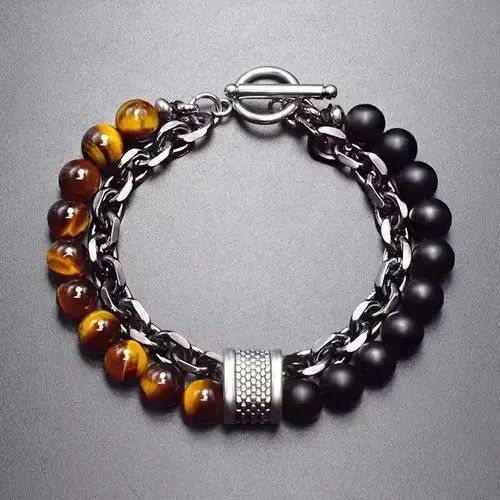 Other Black Matte + Brown Tiger Eye Bead + Chain Bracelet Size ONE SIZE - 1 Thumbnail
