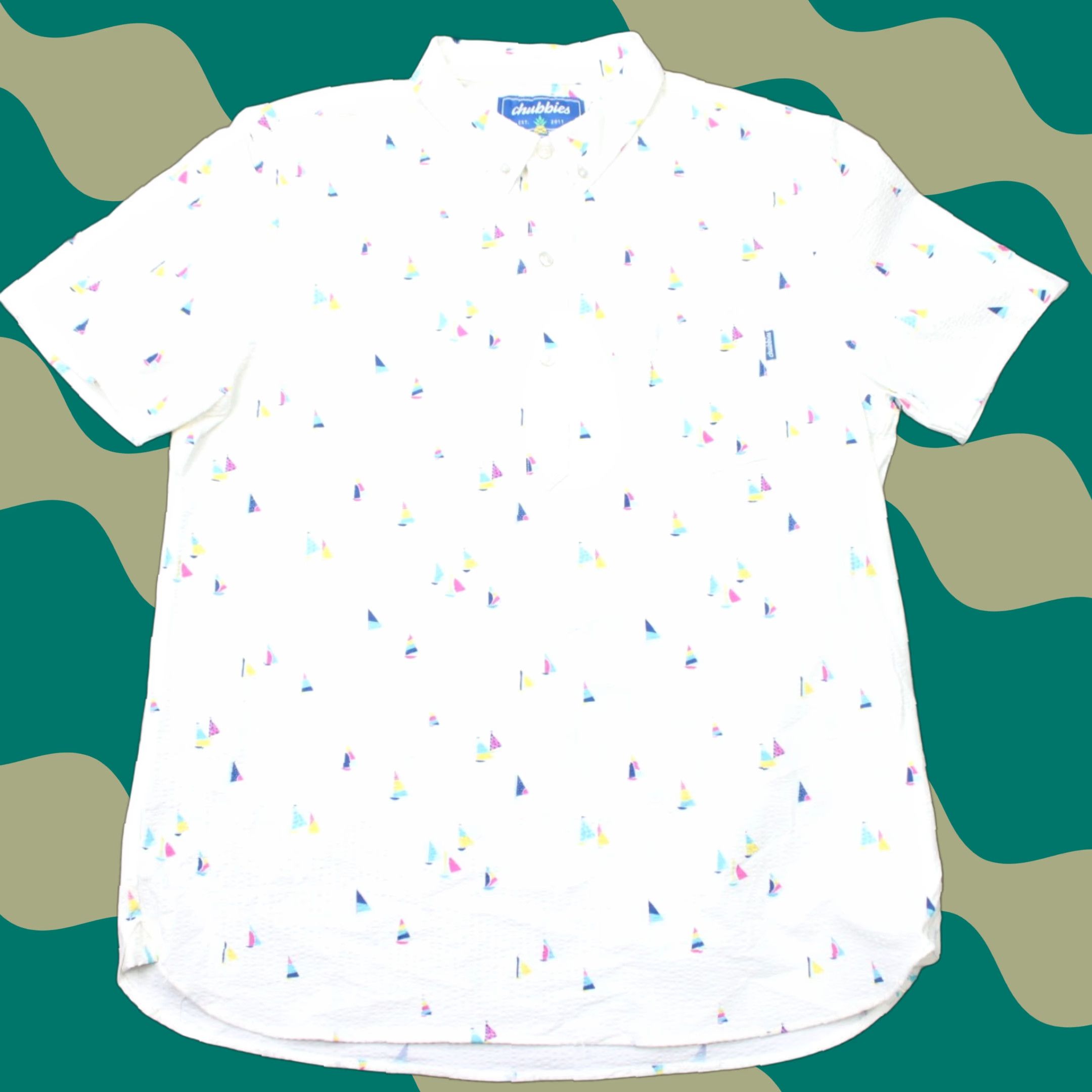 Chubbies Chubbies Shirt Mens XL White Sailboat AOP Seersucker Nylon Stretch Short Sleeve Shirt Velcro? No Size US XL / EU 56 / 4 - 1 Thumbnail