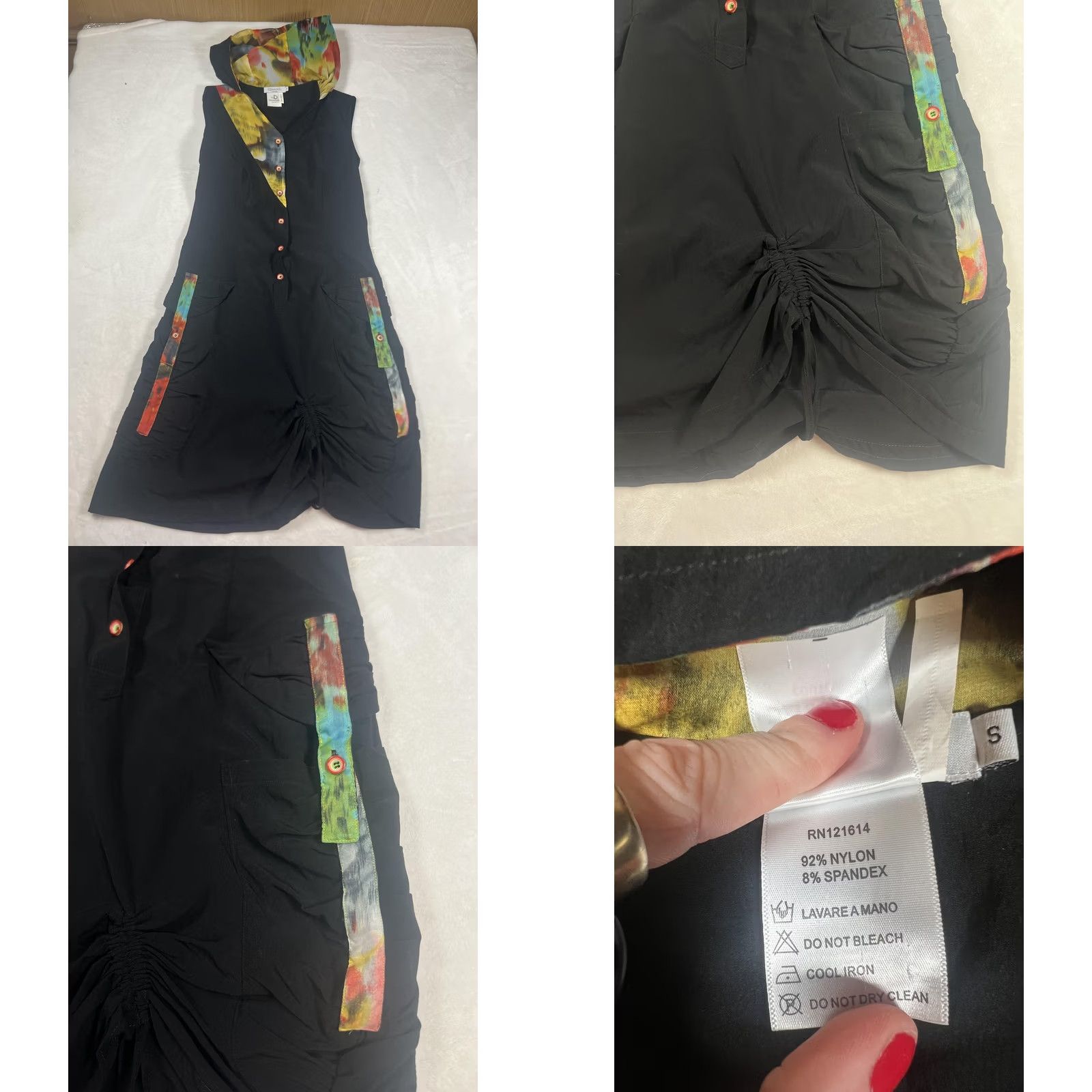 Vintage DZHAVAEL Couture Dress Womens S Black Tie Dye Hooded Sleeveless Ruched Shift dress Size S / US 4 / IT 40 - 8 Thumbnail