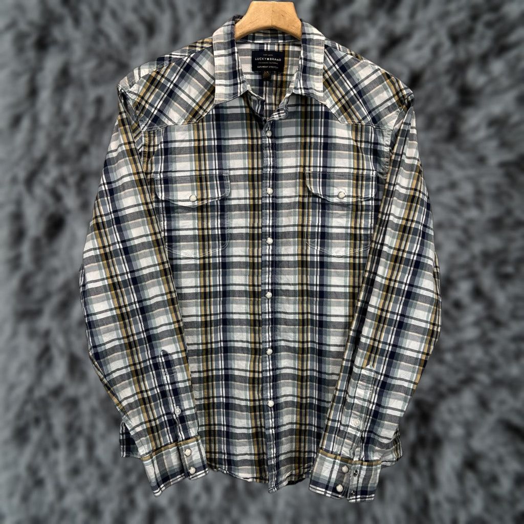 Lucky Brand Lucky Brand Classic Fit Mens Large Blue Green Plaid Western Pearl Snap Shirt Size US L / EU 52-54 / 3 - 1 Thumbnail