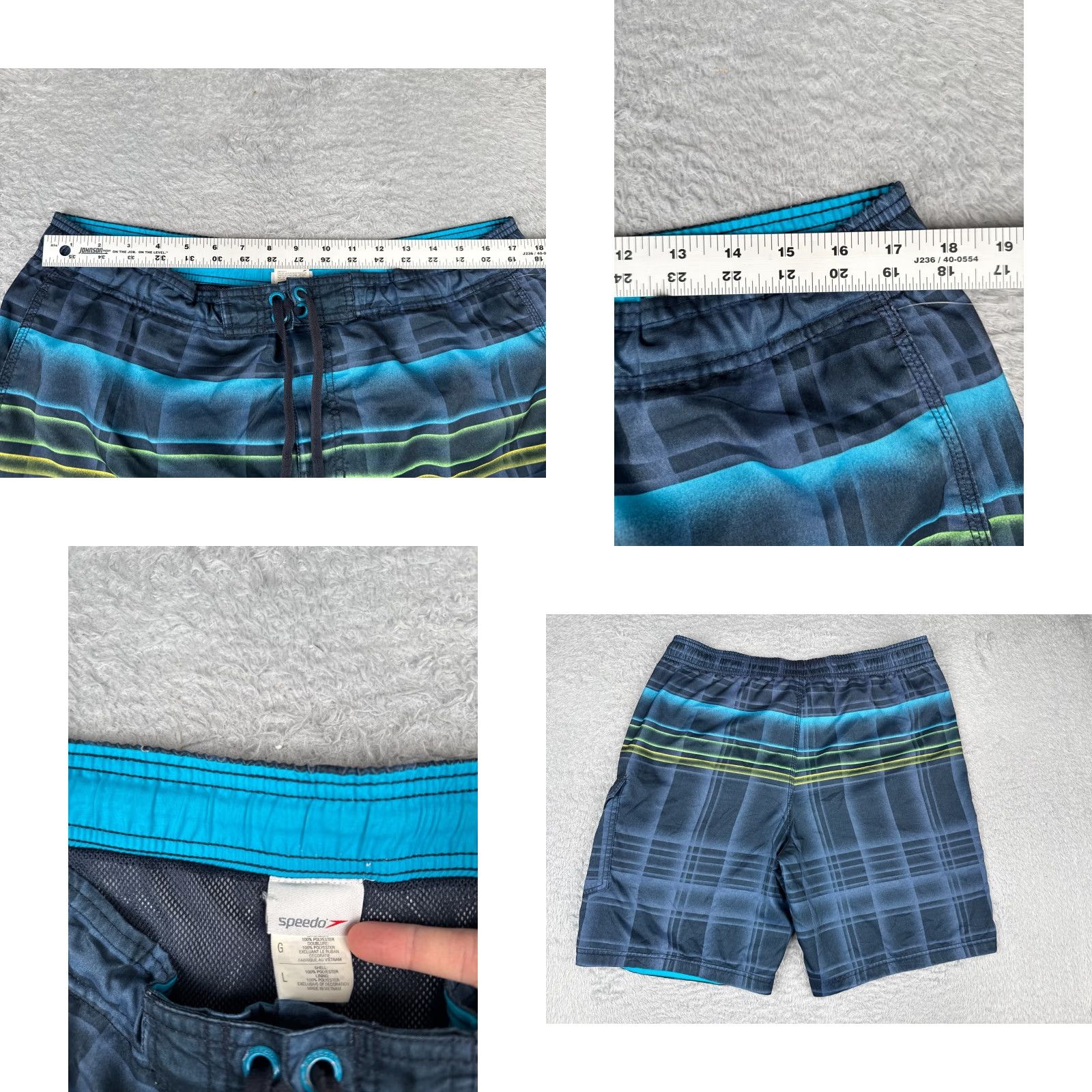 Speedo Speedo Swim Trunks Mens Large Blue Plaid Board Shorts 100% Polyester Cargo Size US 31 - 8 Thumbnail