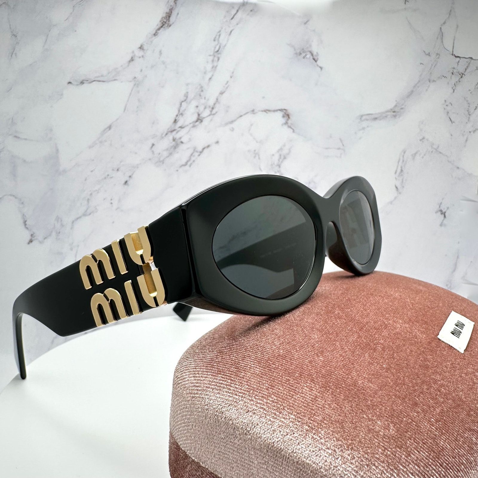 Miu Miu New MIU MIU Sunglasses Black Oval Acetate Gold Metal Logo Size ONE SIZE - 10 Thumbnail