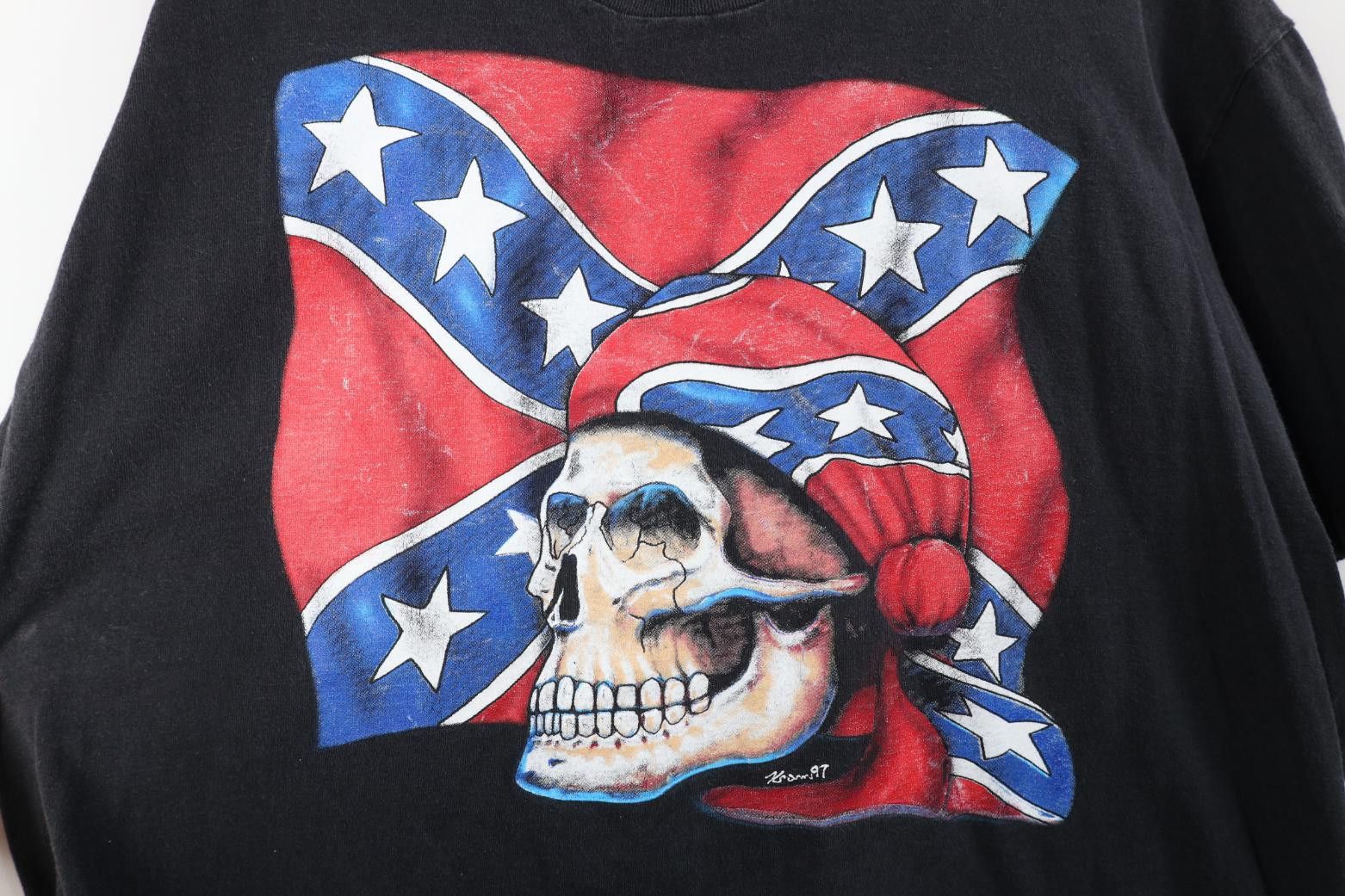 Vintage Vintage 90s Streetwear Skeleton Flag Motorcycle T-Shirt Size US XL / EU 56 / 4 - 4 Thumbnail