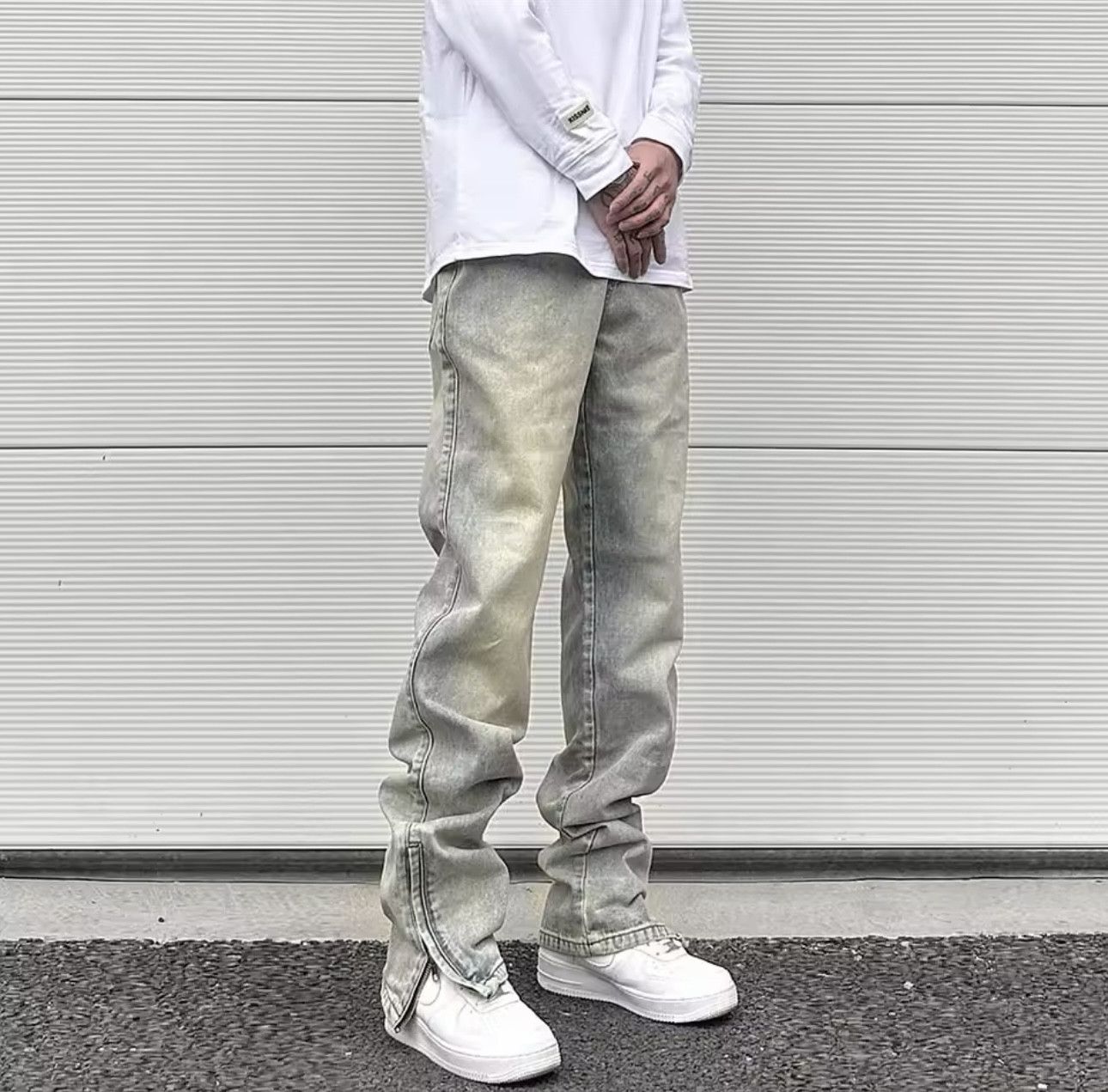Jean Yellow Mud Dyed Zipper Split Slim Straight Jeans Size US 34 / EU 50 - 1 Thumbnail