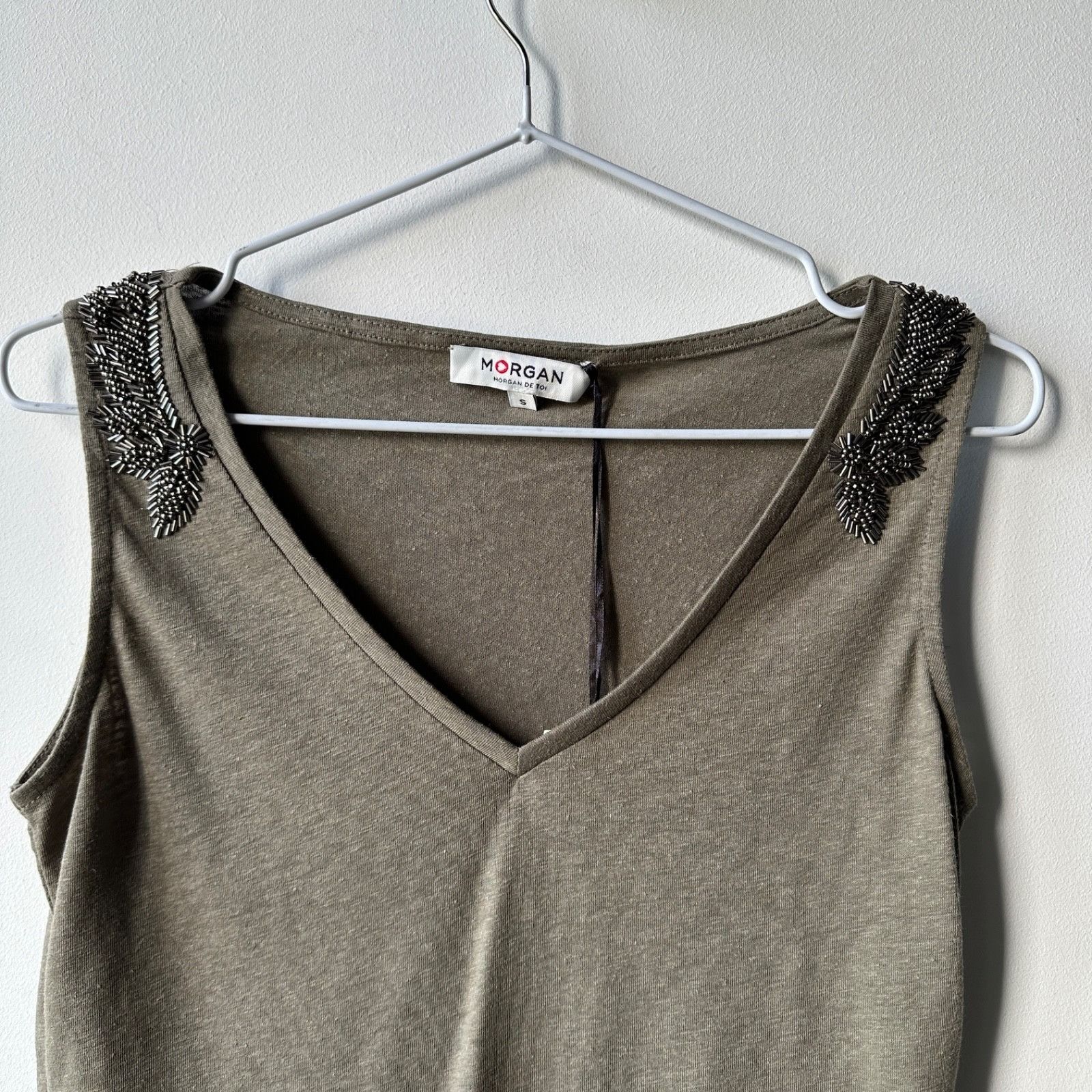 Morgan De Toi Morgan Olive Beaded Shoulder V-Neck Tank Top 9391AC Size S / US 4 / IT 40 - 3 Thumbnail