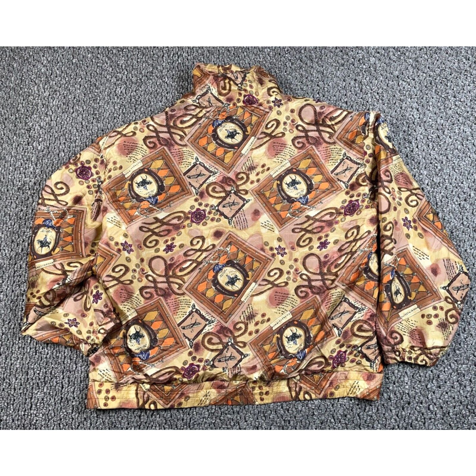 Gloverall VTG Equestrian Silk Zip Jacket Women's Large Beige All Over Pattern Geometric 90s Windbreaker Long Sleeve Full Zip Pockets Shoulder Pads Vintage Style Size L / US 10 / IT 46 - 2 Thumbnail
