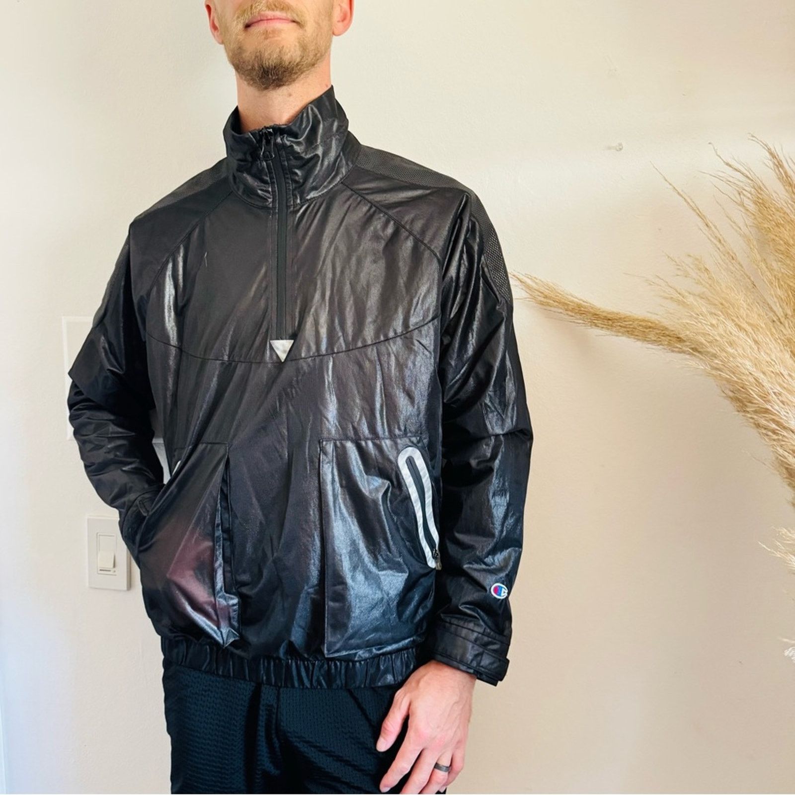 CHAMPION Luxe Black Half Zip Pocket Windbreaker Track Jacket