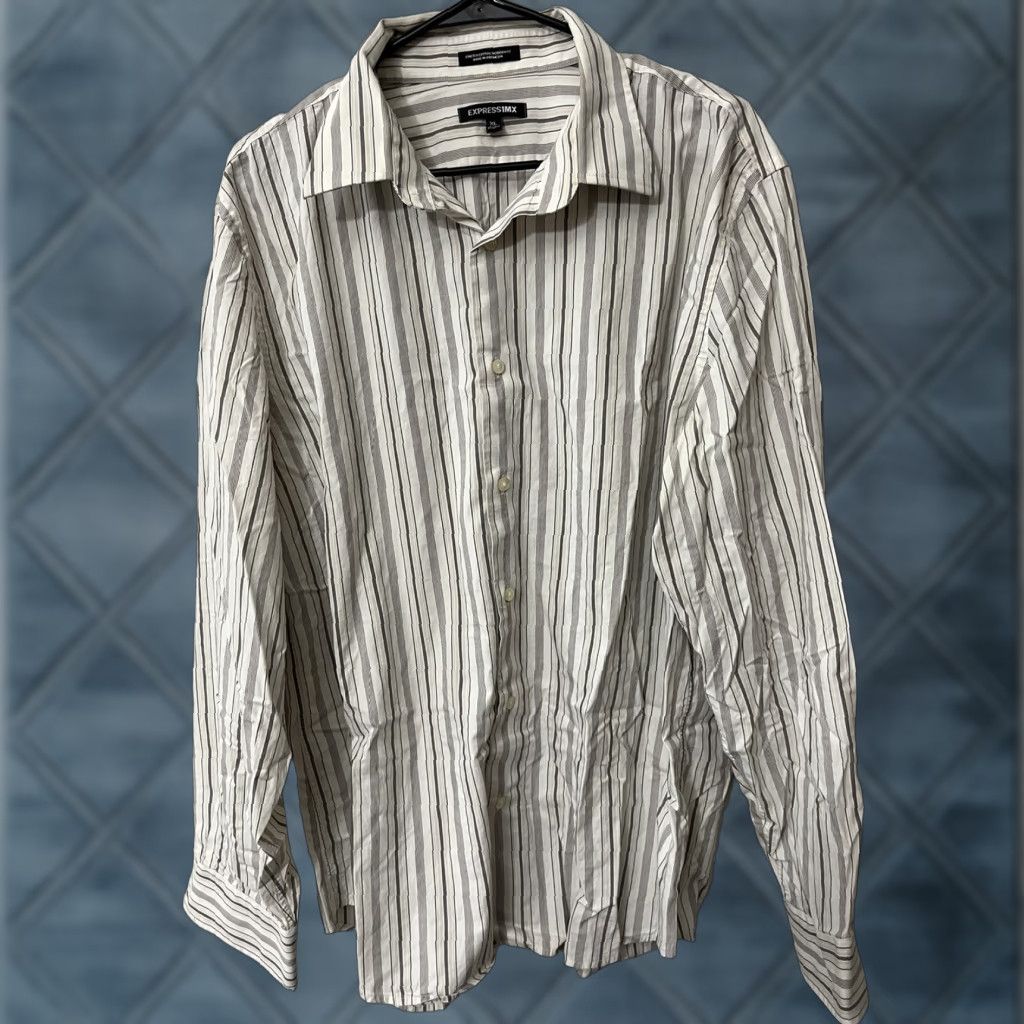Express Express White Dress Shirt Modern Fit Mens XL Stripe Button-Up Shirt Mens XL White Striped Express 1MX Size 46R - 1 Thumbnail