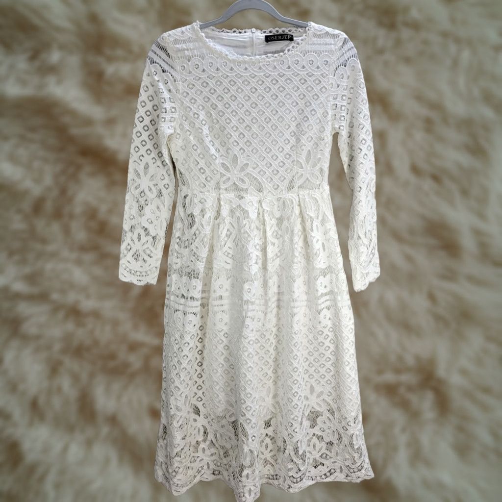 Vintage Oserjep White Lace Crochet Midi Dress Fit & Flare Lined Cocktail Evening XS Women Size XS / US 0-2 / IT 36-38 - 1 Thumbnail