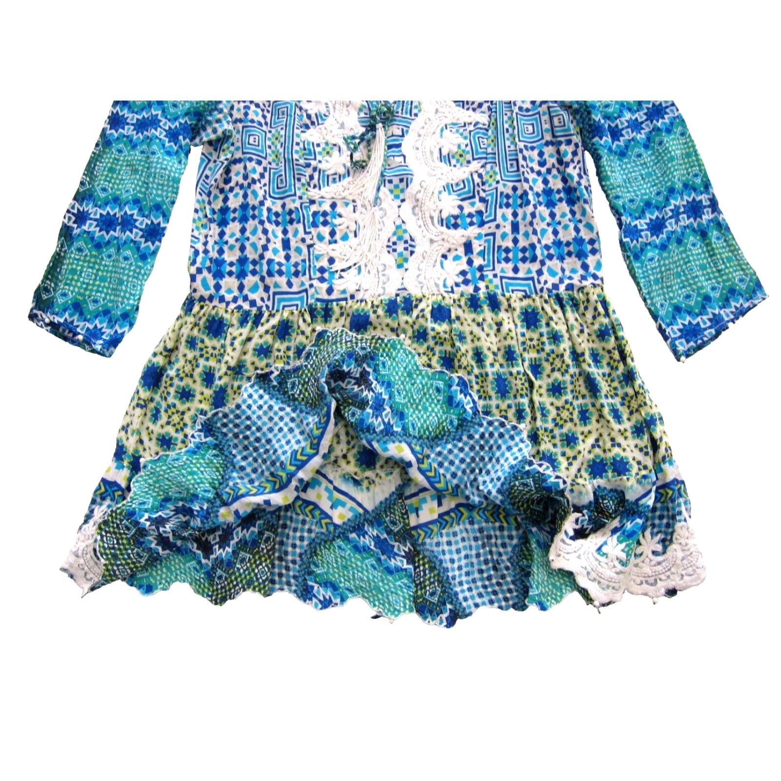 Rococo Sand VINTAGE Rococo Sand 100% Silk Blue Yellow Tassel V-Neck 3/4 Sleeve Boho Mini Dress M Size M / US 6-8 / IT 42-44 - 7 Thumbnail