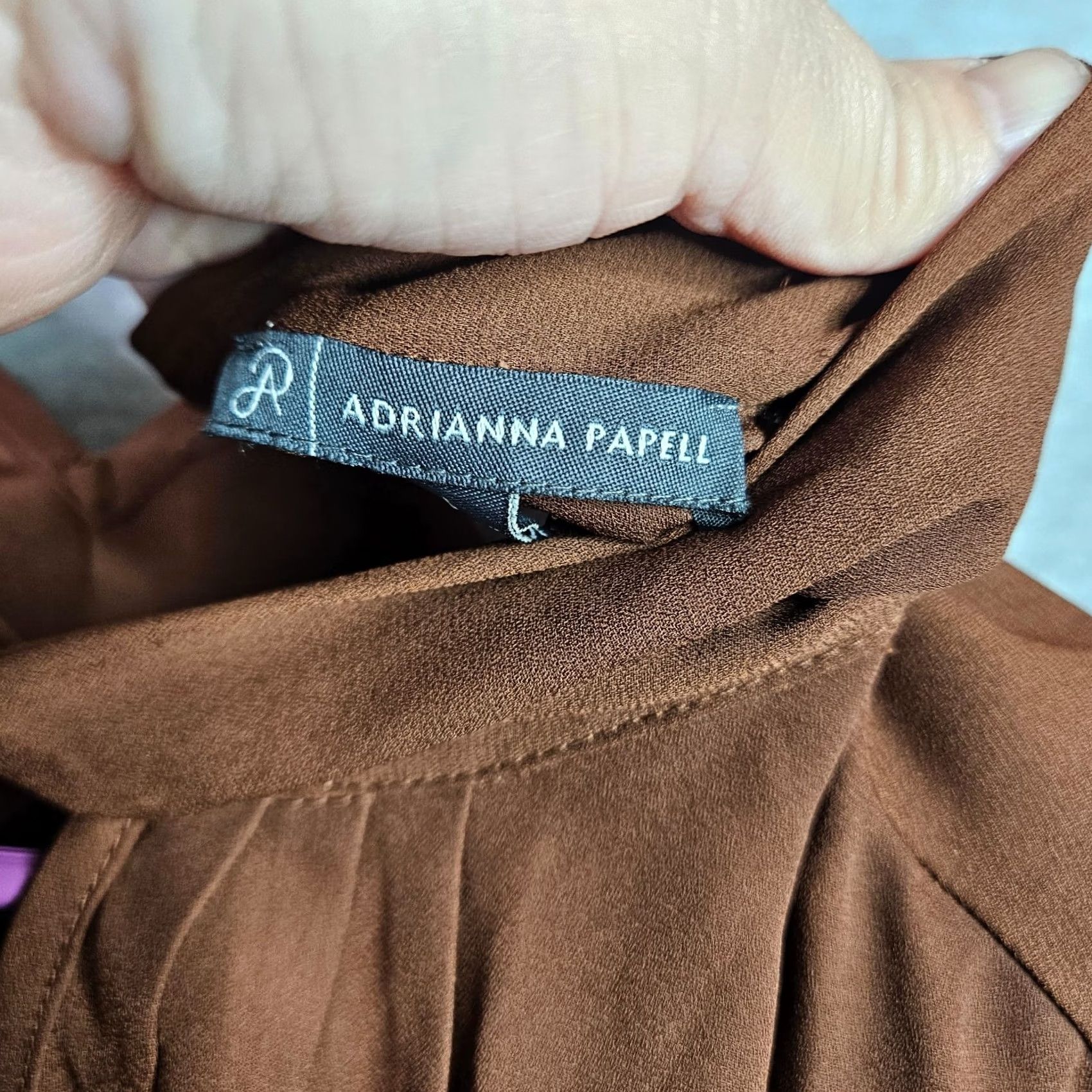 Adrianna Papell Adrianna Papell Women's Blouse L Brown Solid Twisted Collar NWT Crew Neck Long Sleeve Regular Polyester Shirt Size L / US 10 / IT 46 - 3 Thumbnail