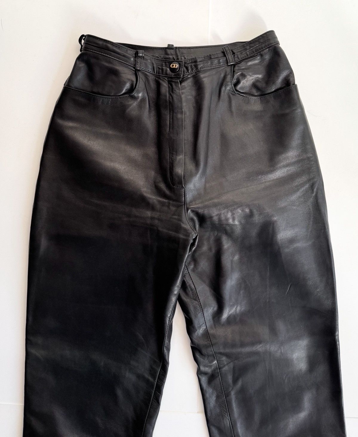 Dior Christian Dior black leather pants CD logo gold tone button Size 26" / US 2 / IT 38 - 2 Thumbnail