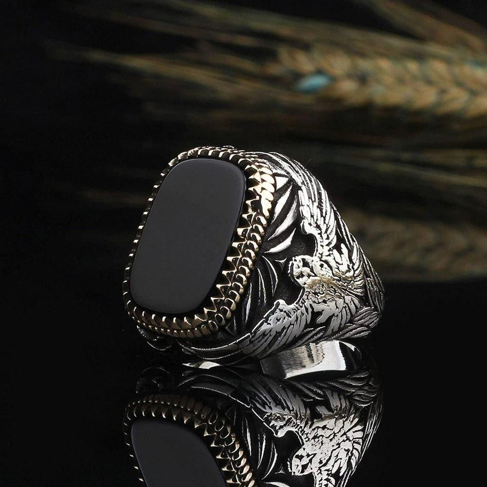 Designer Men's Golden Black Eagle Big Retro Silver Ring - Size 6 Size ONE SIZE - 2 Thumbnail