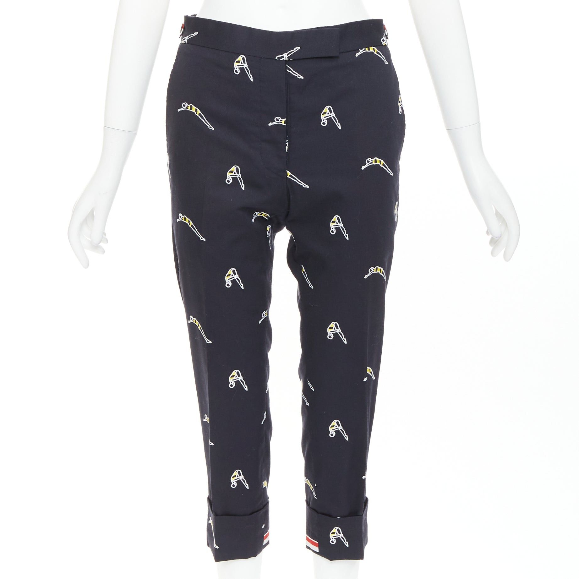 THOM BROWNE navy blue cotton yellow diver embroidery cropped chino pants US0 XS