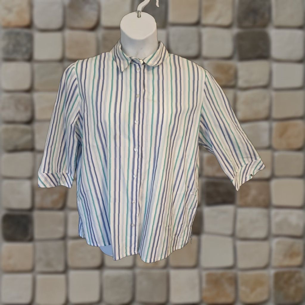 Vintage VINTAGE Allison Daley White Blue Stripe Button Up Top Shirt 16 Women Size XXL / US 16-18 / IT 52-54 - 1 Thumbnail
