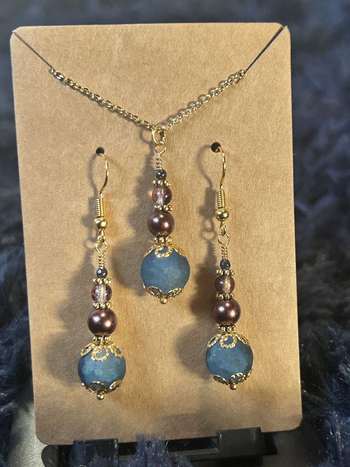 Handmade Handcrafted blue crackle glass pearl cat eye necklace set Size ONE SIZE - 2 Thumbnail