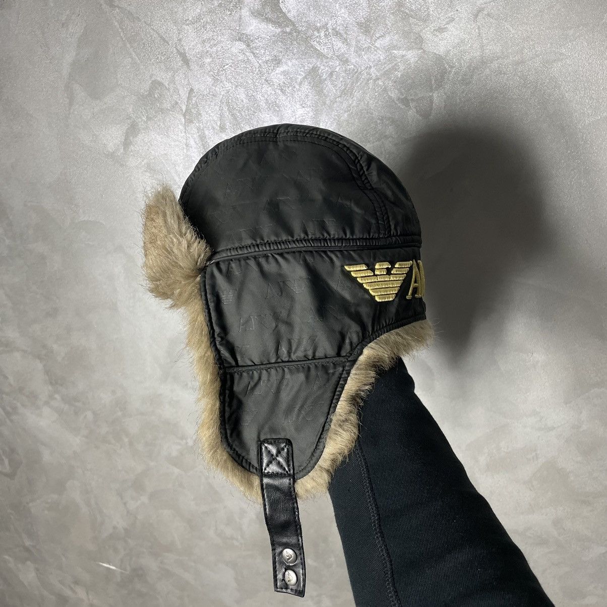 Armani × Vintage Vintage Armani Jeans Monogram Big Logo Fur Trapper Hat Size ONE SIZE - 1 Thumbnail