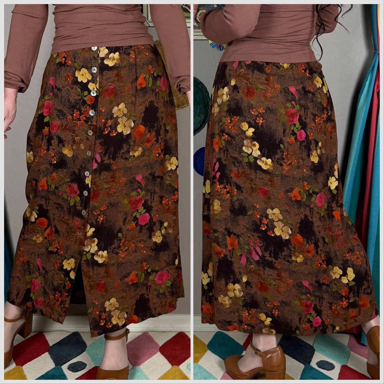 Vintage Vintage 1990s Autumnal Floral Button Front Midi Skirt Size 30" / US 8 / IT 44 - 3 Thumbnail