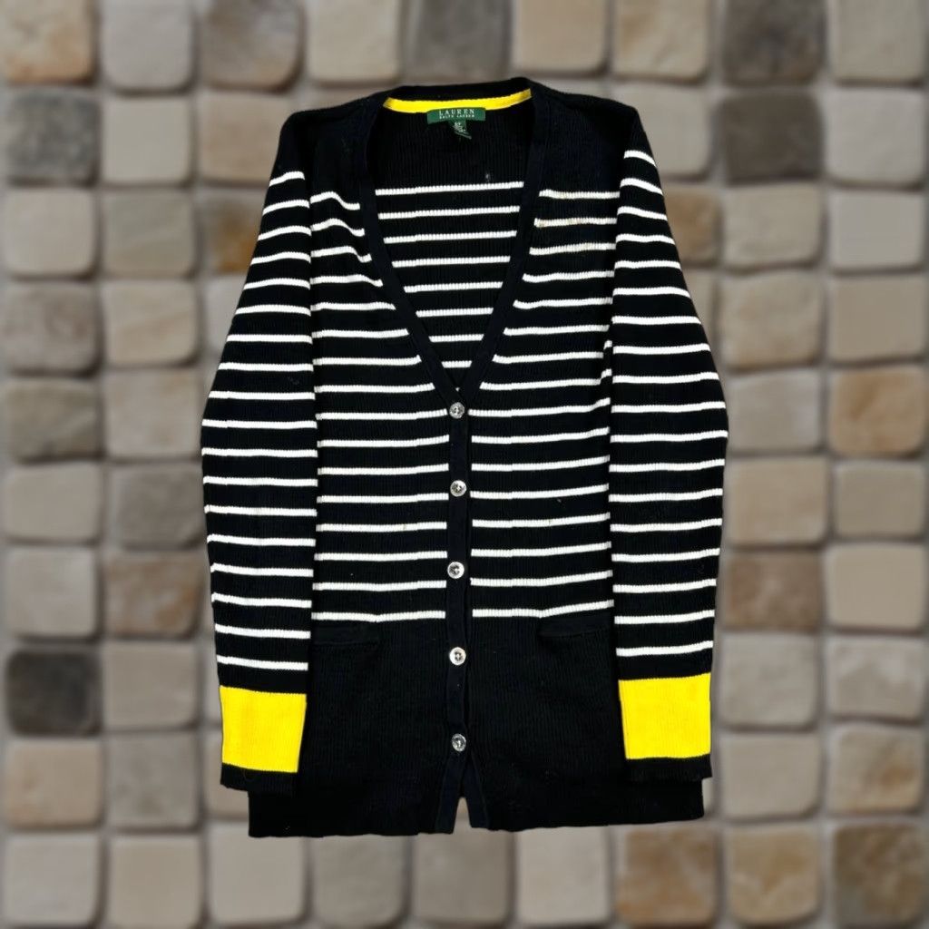 Ralph Lauren Lauren Ralph Lauren Sweater Cardigan Womens S Black White Yellow Knit Striped V-Neck Long Sleeve Cotton Casual Regular Vintage No (note: avoid N/A). Size S / US 4 / IT 40 - 1 Thumbnail