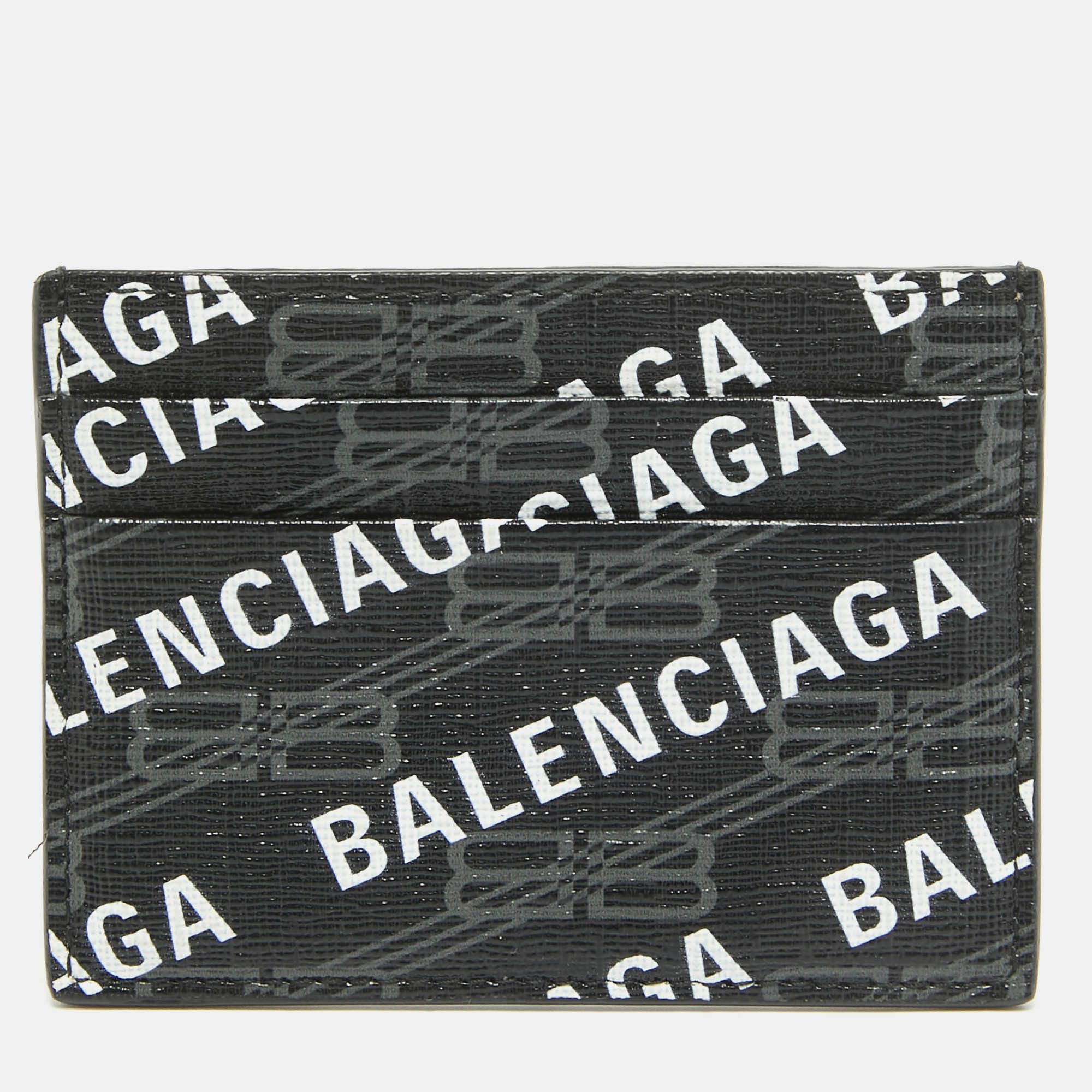 image of Balenciaga Black/white Printed Logo Leather Card Holder, Women's