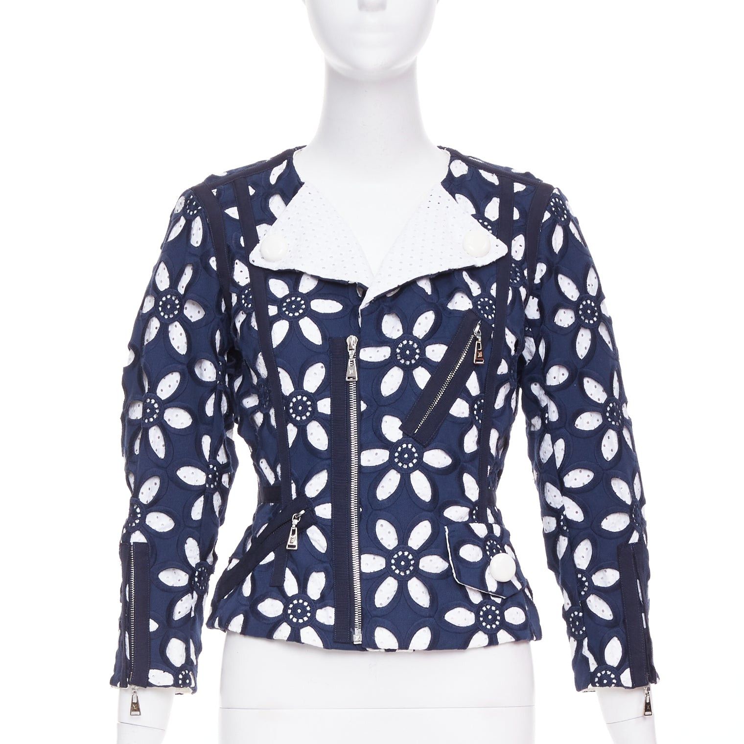 Louis Vuitton LOUIS VUITTON 2012 Runway navy white floral embroidery anglais biker jacket FR38 M Size M / US 6-8 / IT 42-44 - 1 Thumbnail