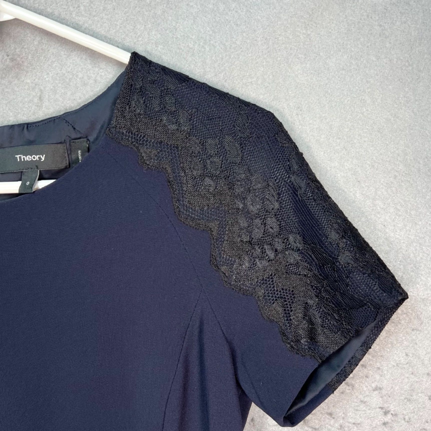 Theory Theory Navy Blue Dress With Lace Sleeves Short Sleeve Polyester Dress Size 0 Womens Pencil Shift Casual Summer Spring Fall Womens Size XS / US 0-2 / IT 36-38 - 5 Thumbnail
