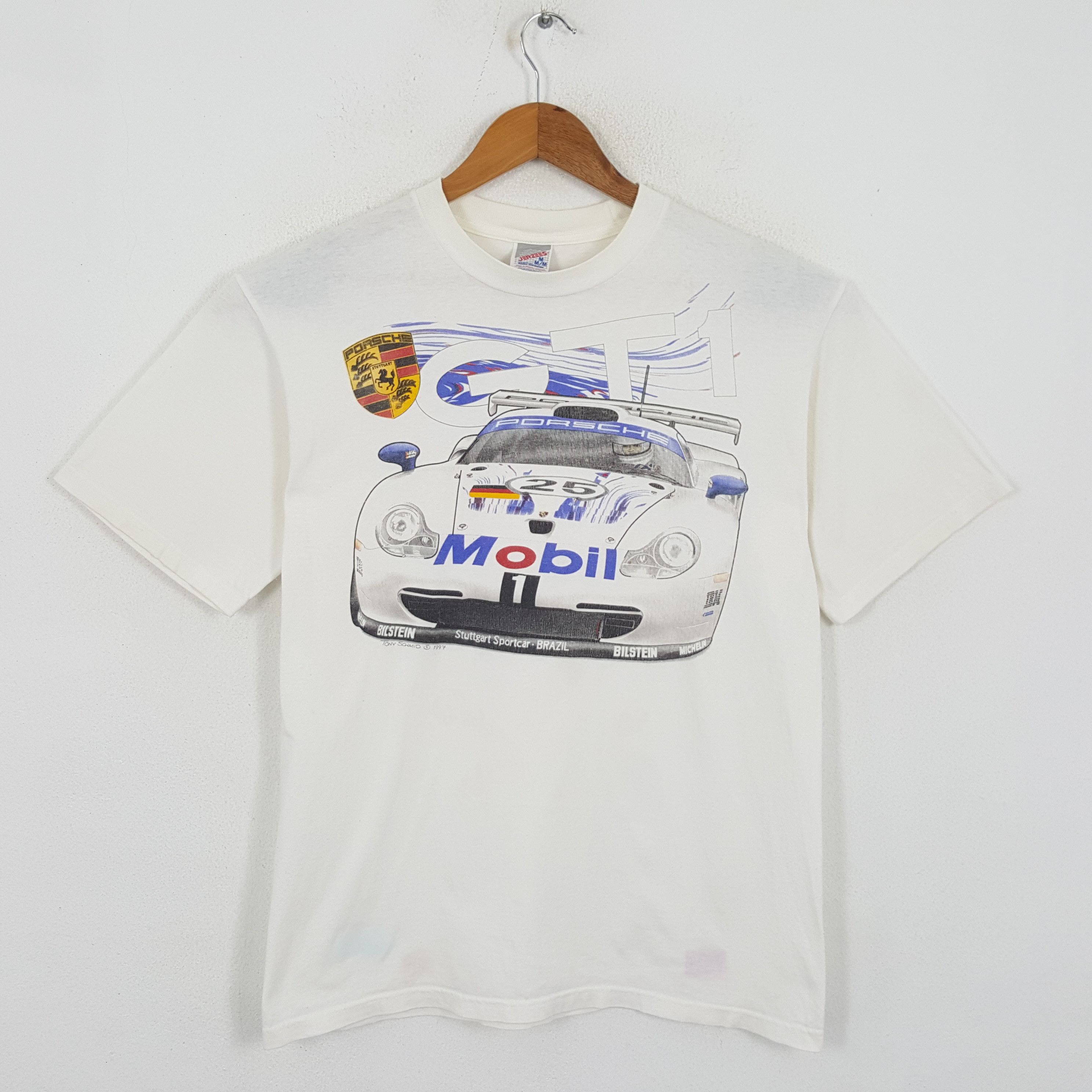 image of Porsche Design x Racing Vintage Porsche Gt1 Supercar Racing Team T-Shirts in White (Size Medium)