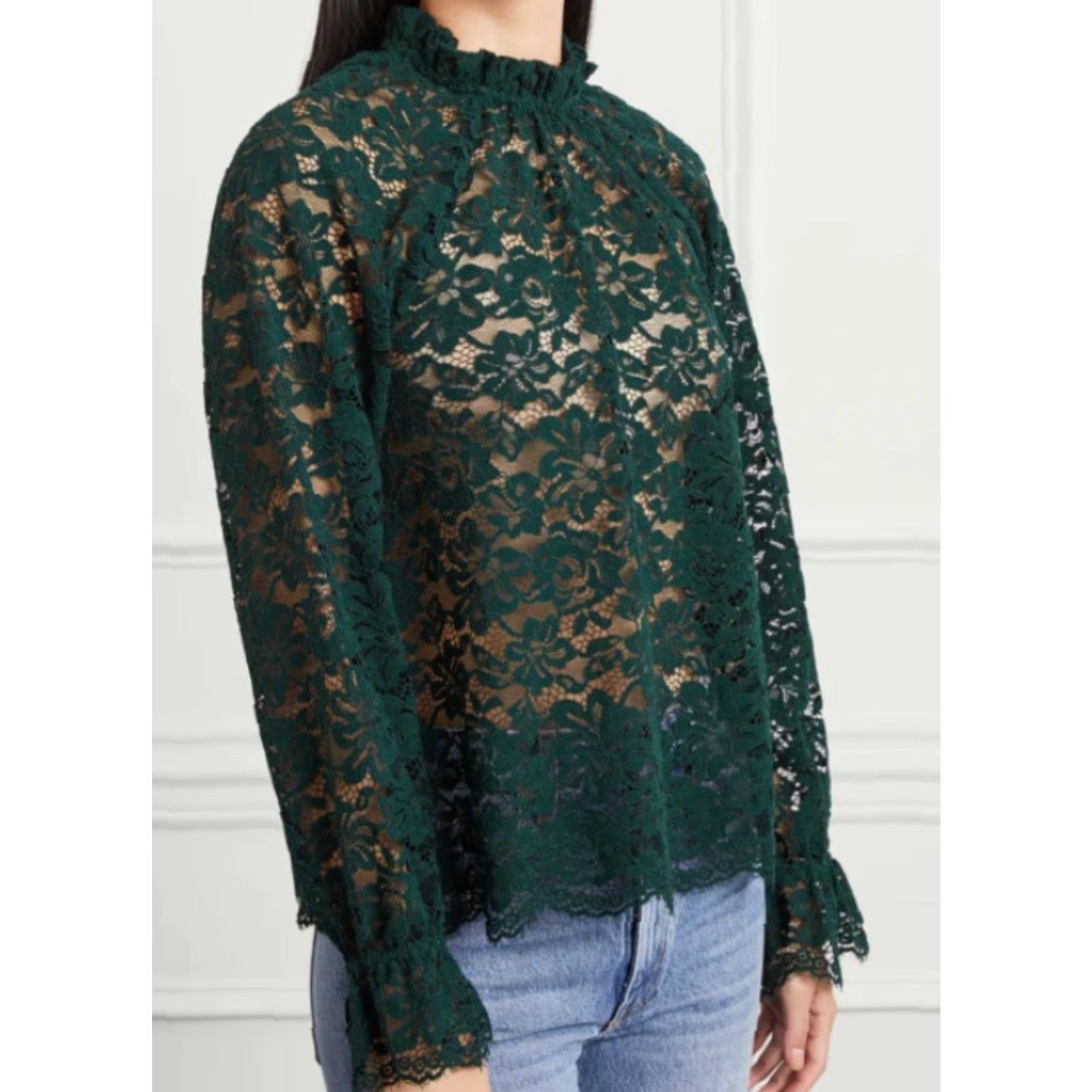 Vintage Hill House Blouse Top Womens XS Green Millie Floral Lace Sheer Ruffle Neck Shirt Size XS / US 0-2 / IT 36-38 - 2 Thumbnail