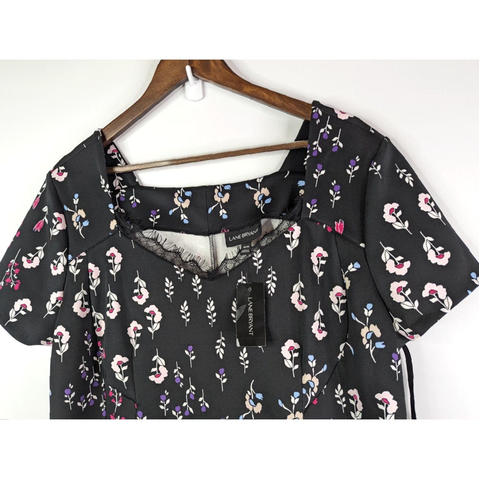 Vintage NWT Lane Bryant Black Floral Dress Short Sleeve V-Neck Slimming Size 18/20 Women Plus Midi Dress Size 40" / US 18 - 2 Thumbnail