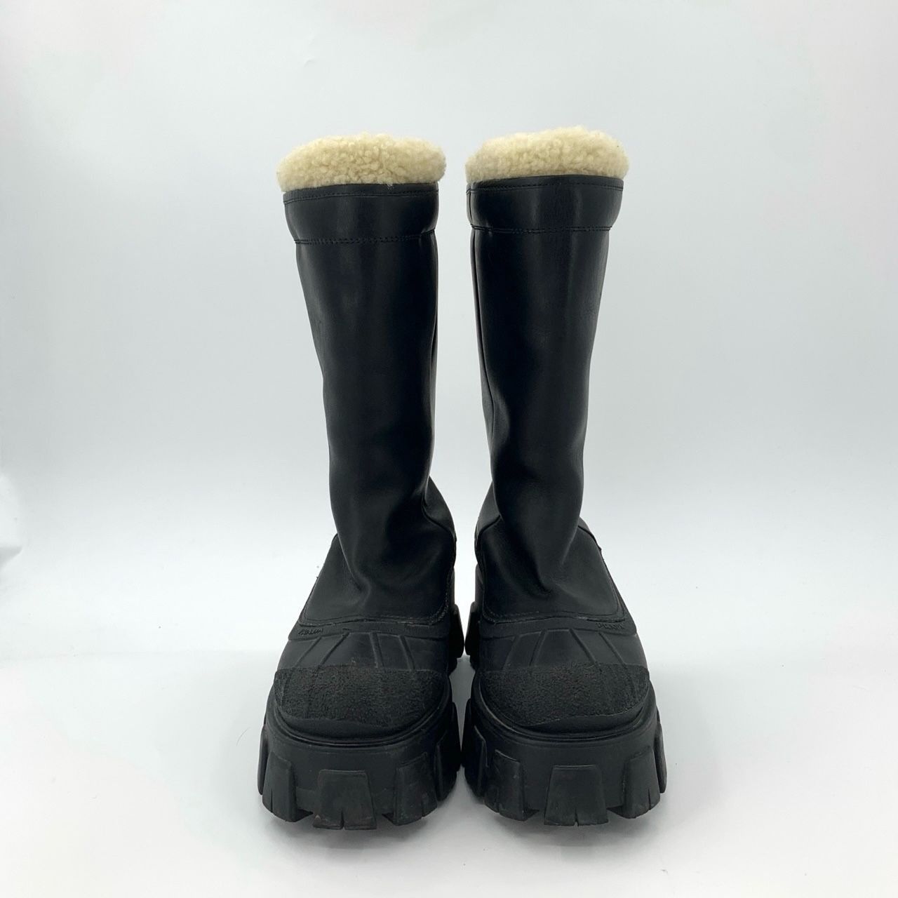 Prada Prada Lamb Fur-Lined Black Thick-Soled Mid-Calf Boots, Size Size US 7 / IT 37 - 8 Thumbnail