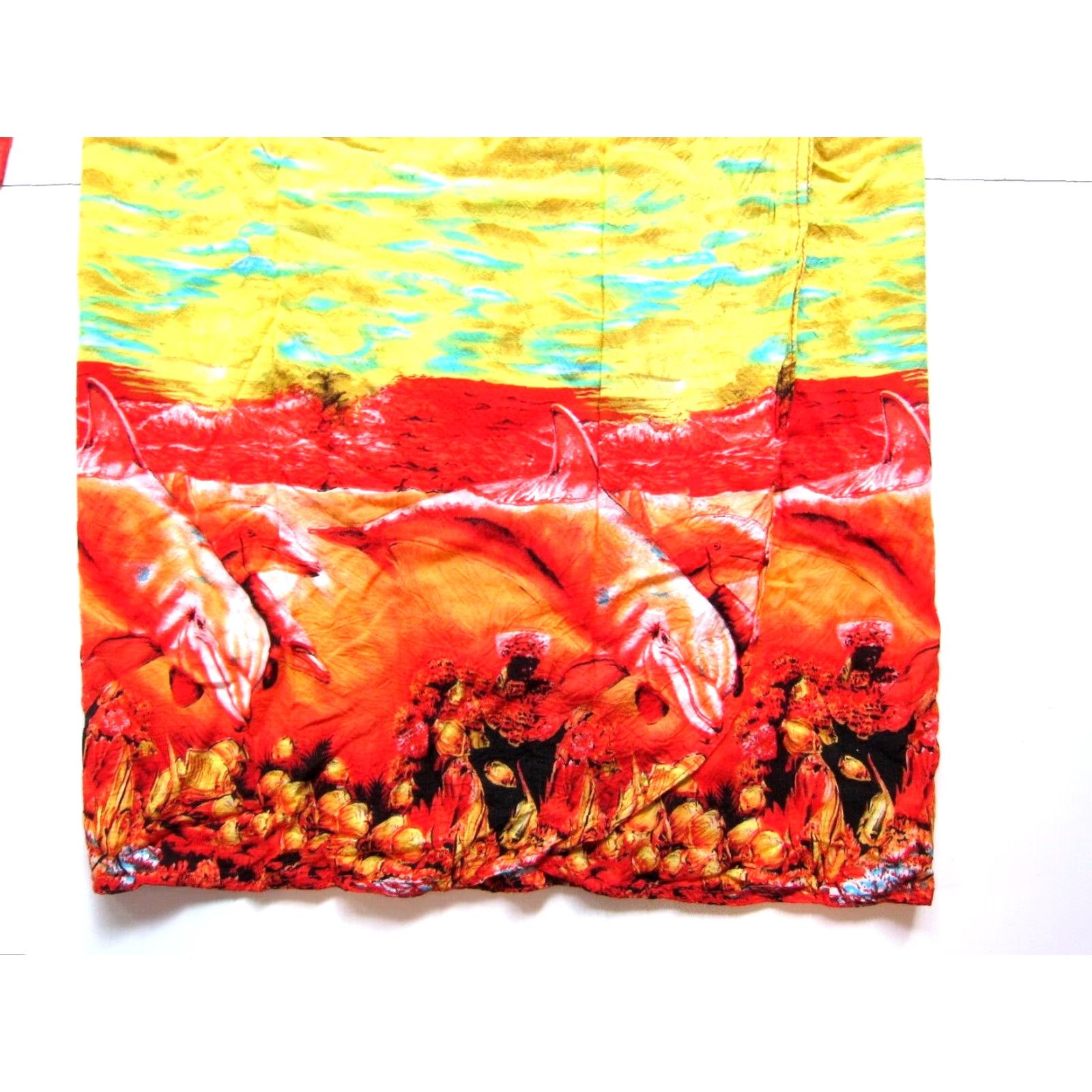 Vintage VINTAGE 100% Rayon Red Yellow Orange Dolphin Long Maxi Wrap Skirt M-L Size 32" / US 10 / IT 46 - 3 Thumbnail