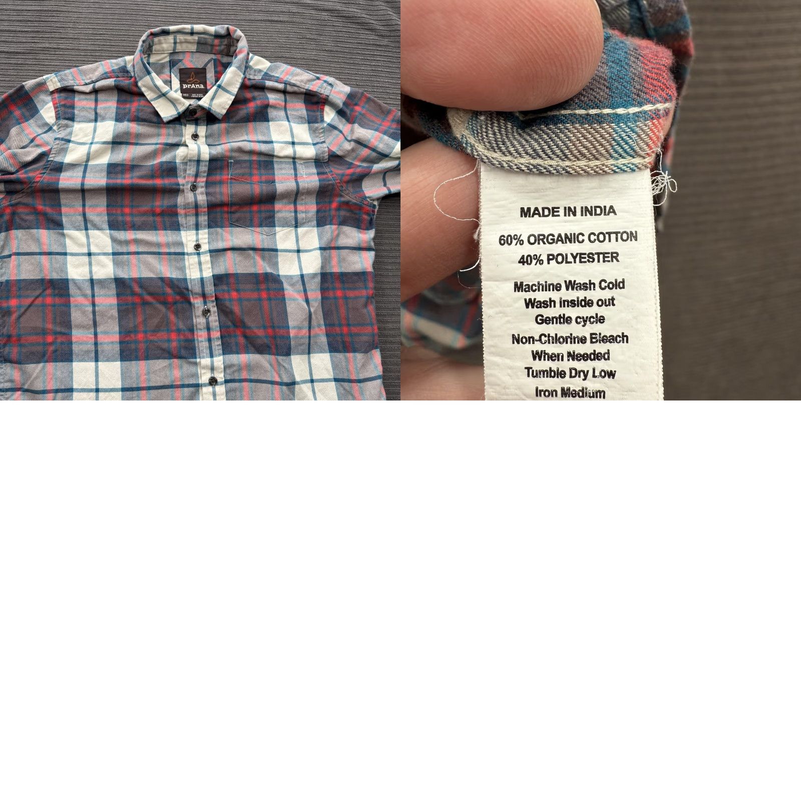 Prana prAna Shirt Mens Medium Blue Red Gray Plaid Button-Down Organic Cotton Blend Shirt Size US M / EU 48-50 / 2 - 8 Thumbnail