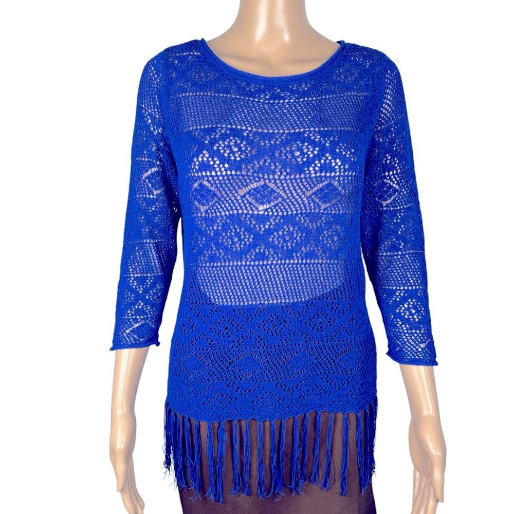 Chicos Chico's Blue Knit 3/4 Sleeve Fringe Top Size 2 US L Size L / US 10 / IT 46 - 1 Thumbnail