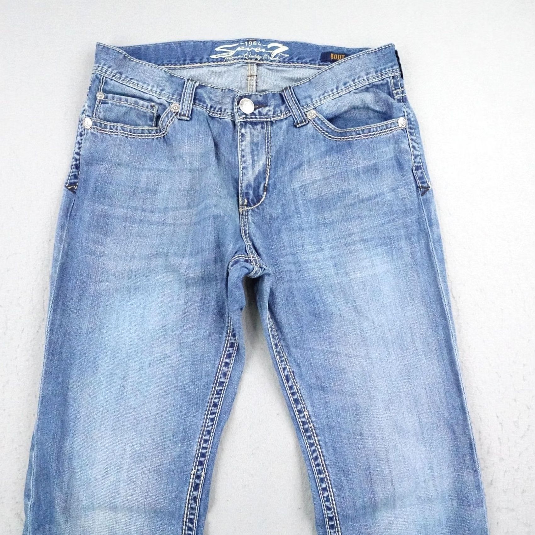 Vintage Seven 7 Jeans Mens 34x32 Blue Denim Light Bootcut Embroidered Flap Pockets Faded Vintage No Size US 34 / EU 50 - 2 Thumbnail
