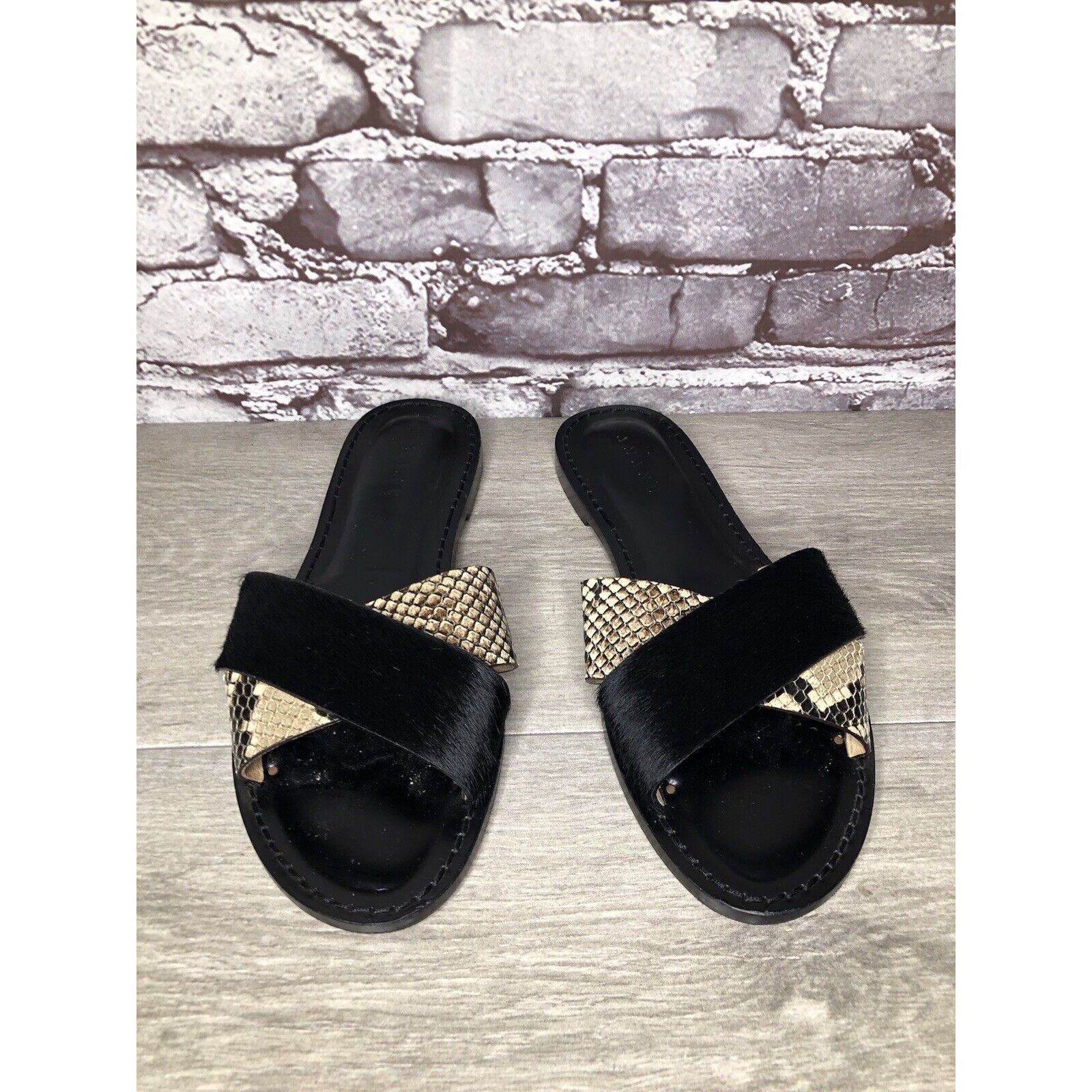 Other Amanu Black Calf Hair Leather Python Cross Strap Slides Sand Size US 9 / IT 39 - 12 Thumbnail