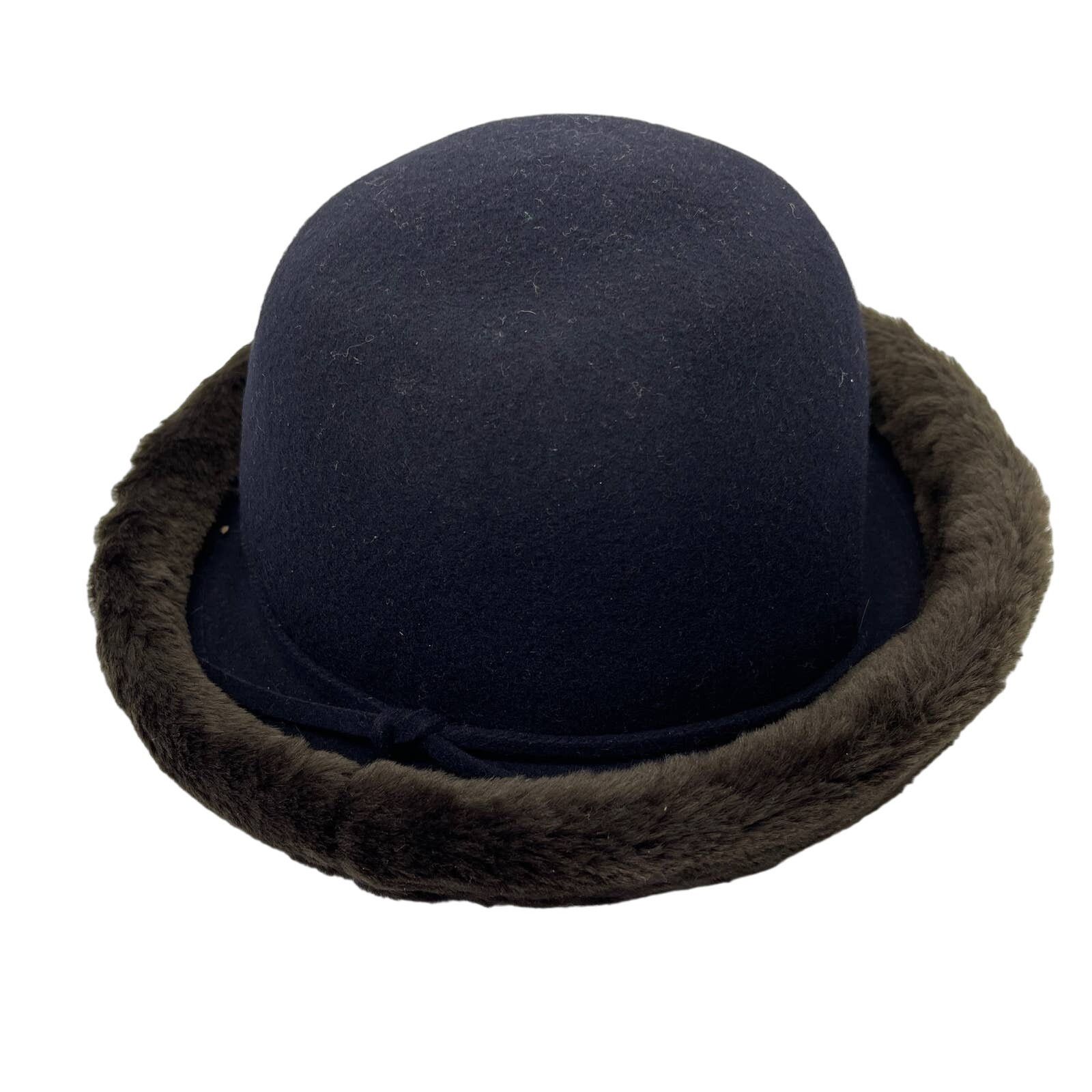 Liz Claiborne Liz Claiborne Black Wool Hat Faux Fur trim brim & swarf Tie Size ONE SIZE - 1 Thumbnail