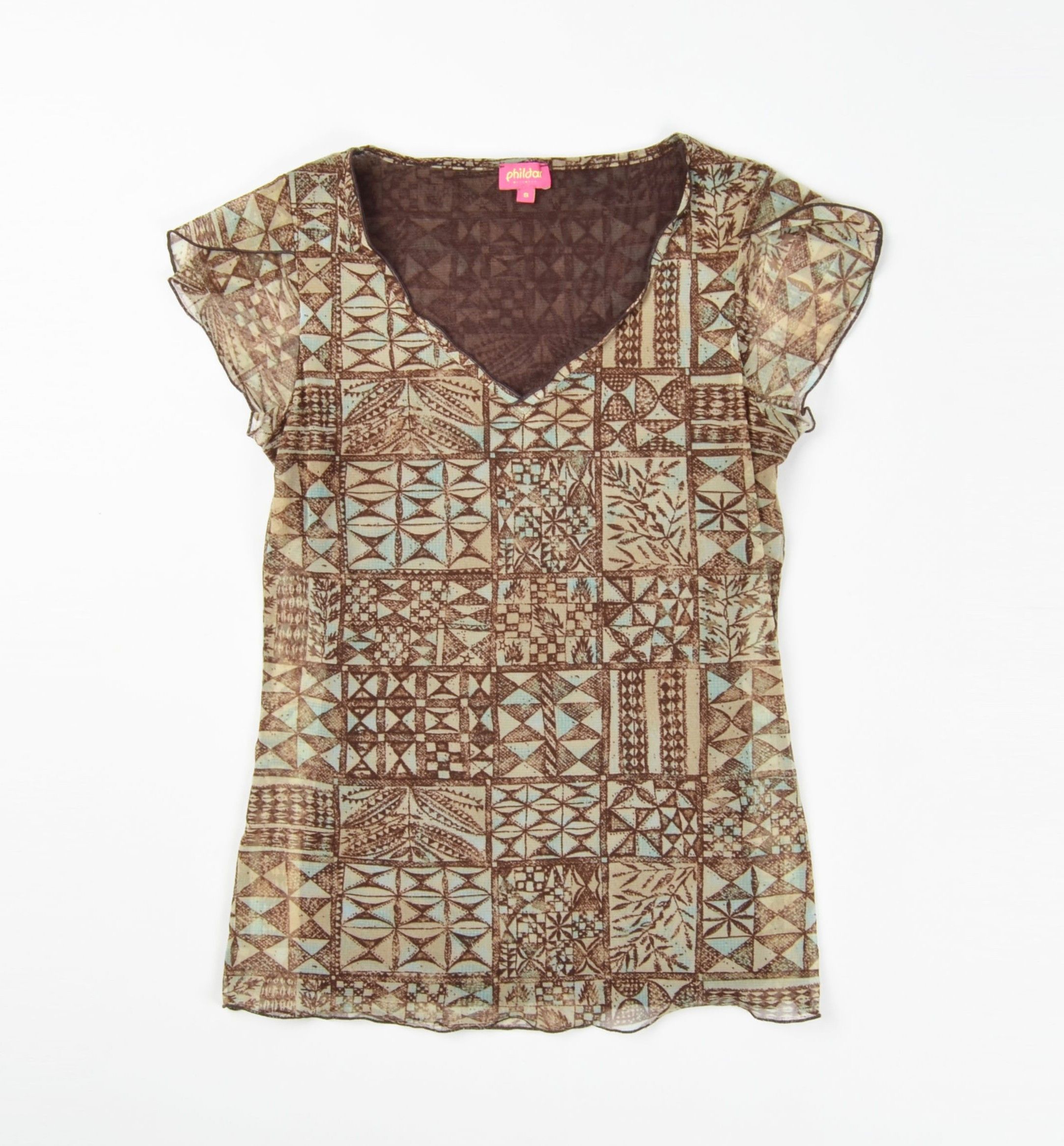 Designer Phildar Y2K 2000s Boho Fairy Mesh Brown V-Neck Top Blouse Size S / US 4 / IT 40 - 4 Thumbnail