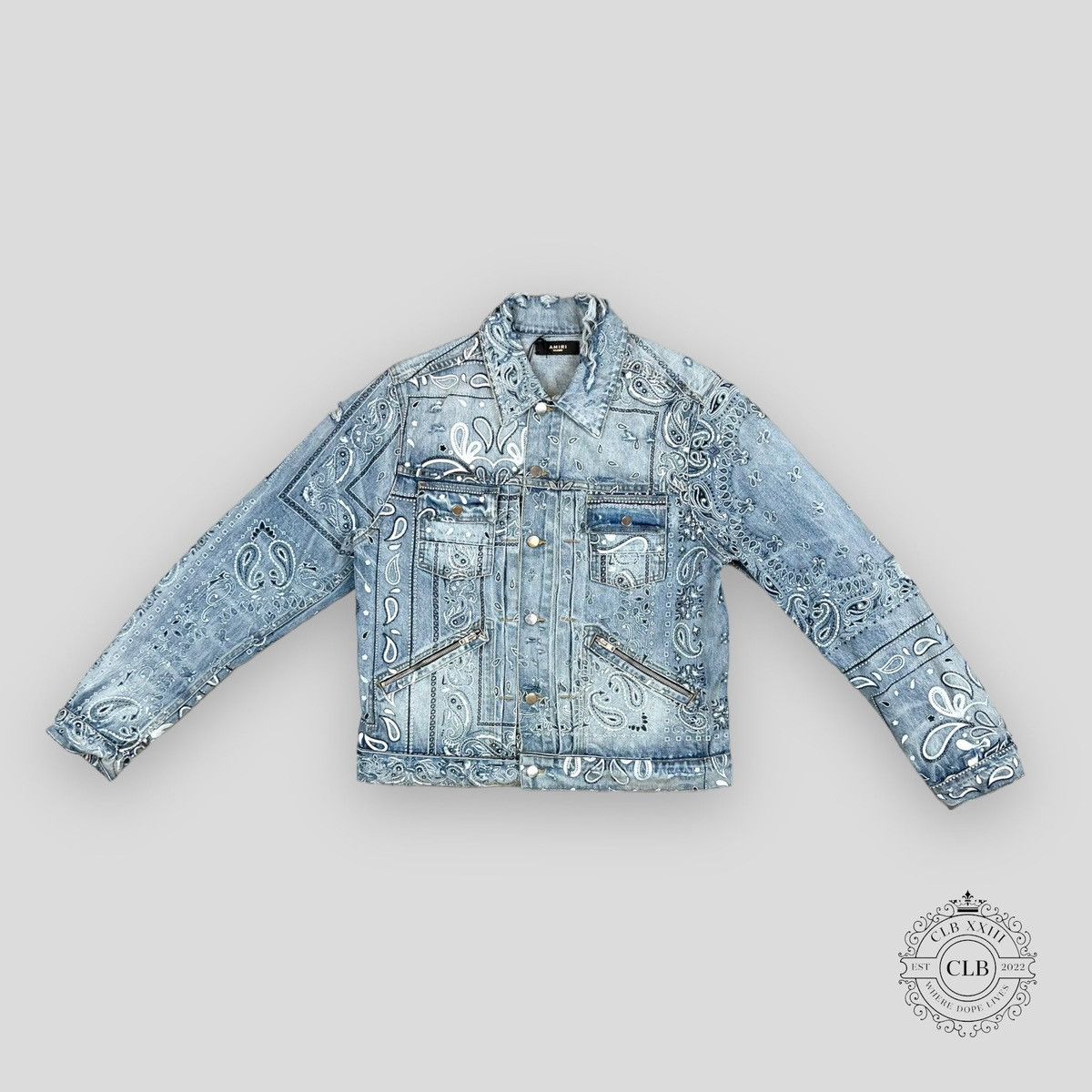 AMIRI SCREEN PRINT BANDANA TRUCKER JACKET CLAY INDIGO