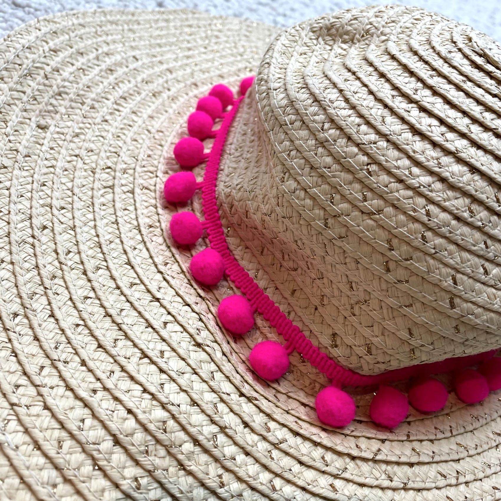 Pinko Unbranded Floppy Hat Brim with Pink Poofs Women Folding Summer Beach Sun Straw Hat Yellow, Sun Hat, Women, One Size Size ONE SIZE - 4 Thumbnail