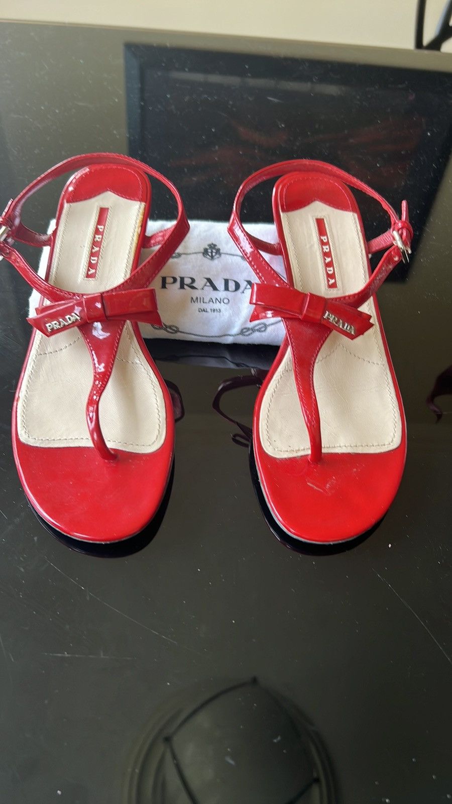 Prada Red Patent Leather Wedge Thong Sandals Ankle T-Strap, Women's (Size 7.5)