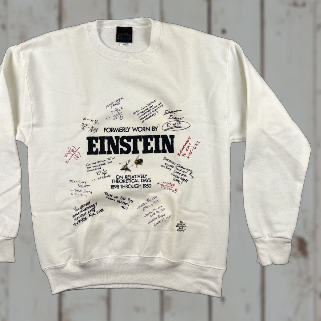 Vintage VINTAGE What On Earth Sweatshirt White Crew Neck M Mens Graphic Print Einstein Theoretical 90s Science Size US M / EU 48-50 / 2 - 1 Thumbnail