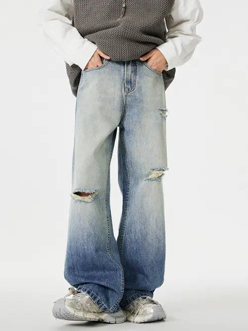 Japanese Brand American street light blue distressed vintage ripped jeans Size US 32 / EU 48 - 1 Thumbnail
