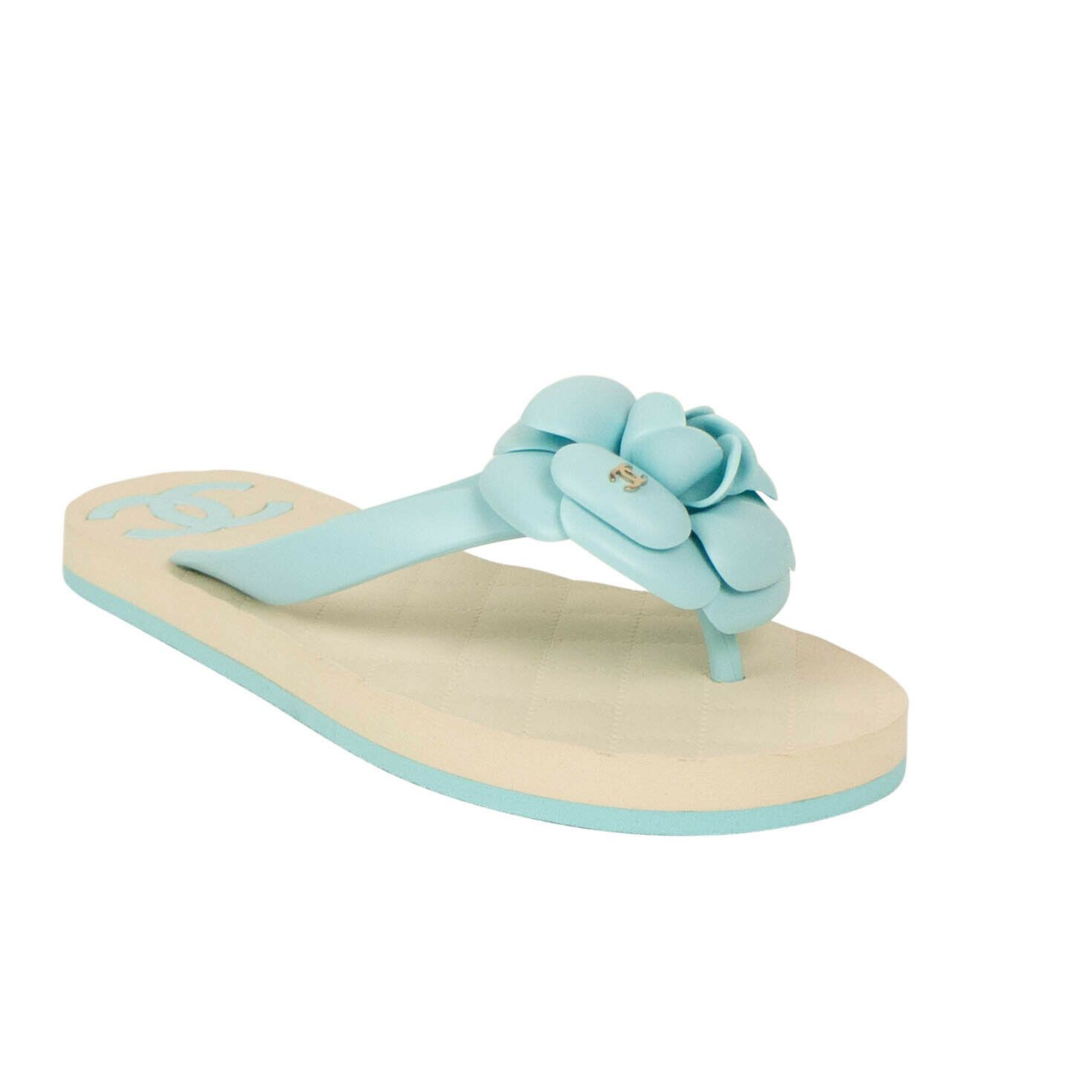 image of Chanel Blue/ivory Flower Quilted Flip Flop Sandals Shoes Size 4 Us 35 Eu C, Women's