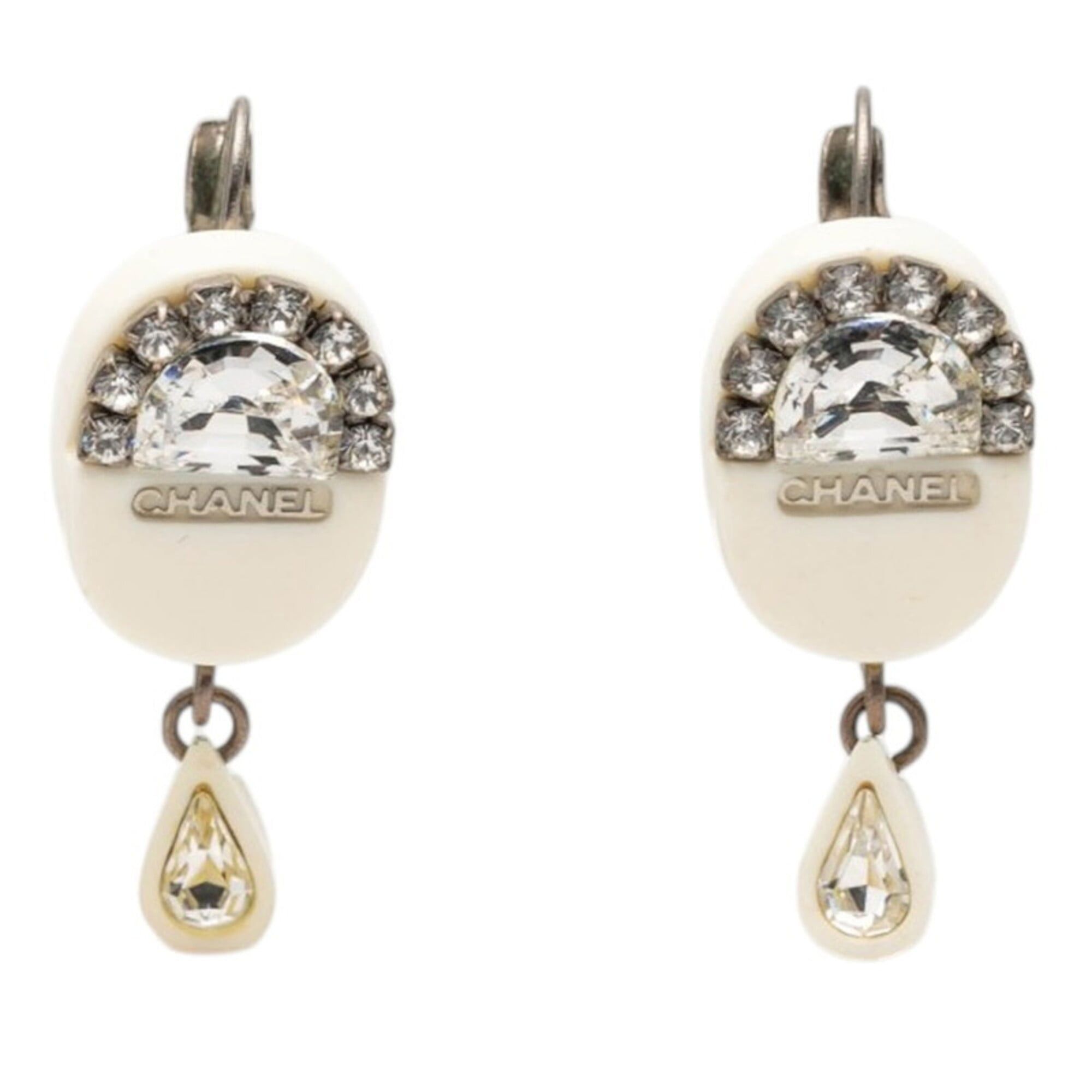 Chanel Chanel Logo Earrings, Silver, White Metal Rhinestones, Women's CHANEL Size ONE SIZE - 1 Thumbnail