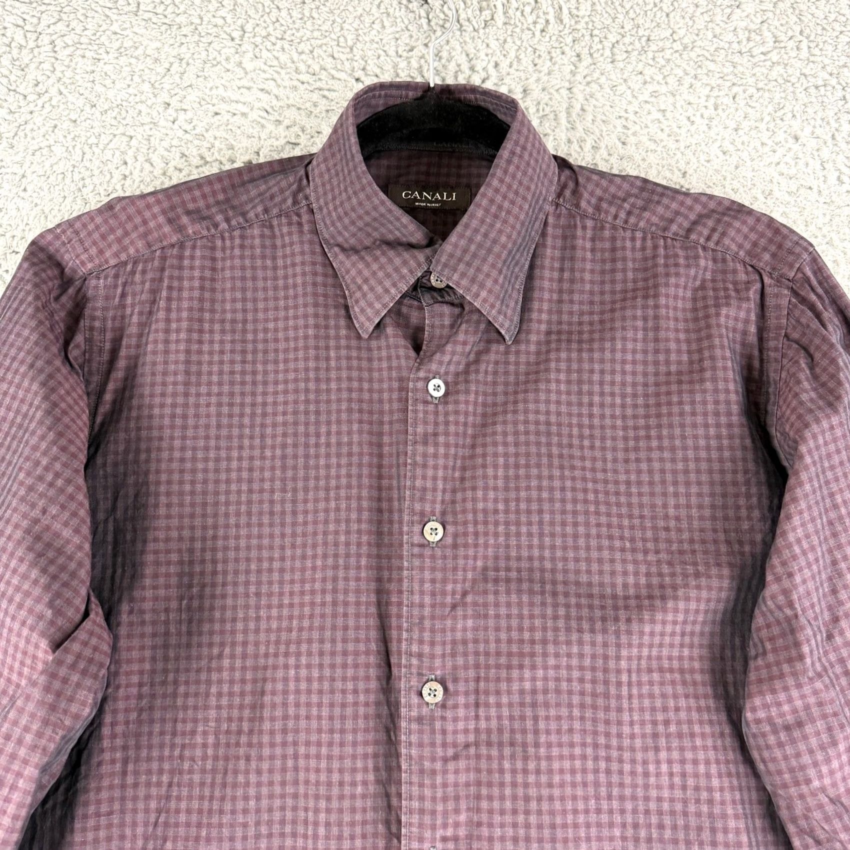 Canali Canali Button-Down Shirt Mens Large Plum Micro Check Long Sleeve Made Italy Size US L / EU 52-54 / 3 - 2 Thumbnail