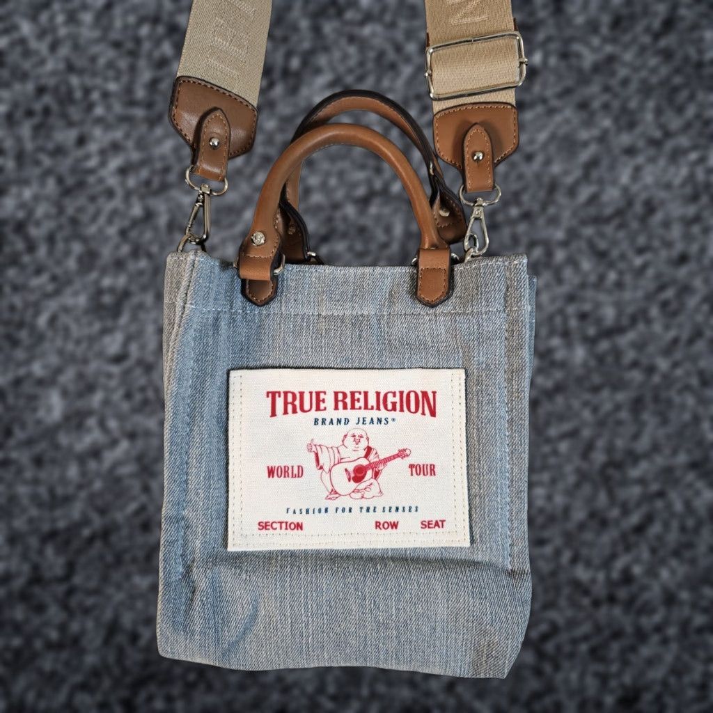 TRUE RELIGION Mini Tote Crossbody Denim Bag 8in 7in 4in Blue White Ivory Lining Removable Embroidered Strap Adjustable Strap Womens Vintage No N/A