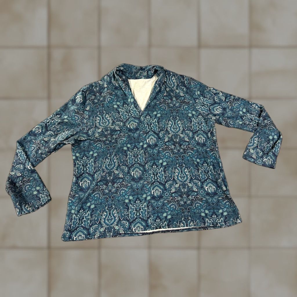 Talbots Talbots Blouse Womens 2X Blue Paisley V-Neck Stretch Casual Long Sleeve Cotton Modal Spandex Down-Blend Regular Size XXL / US 16-18 / IT 52-54 - 1 Thumbnail