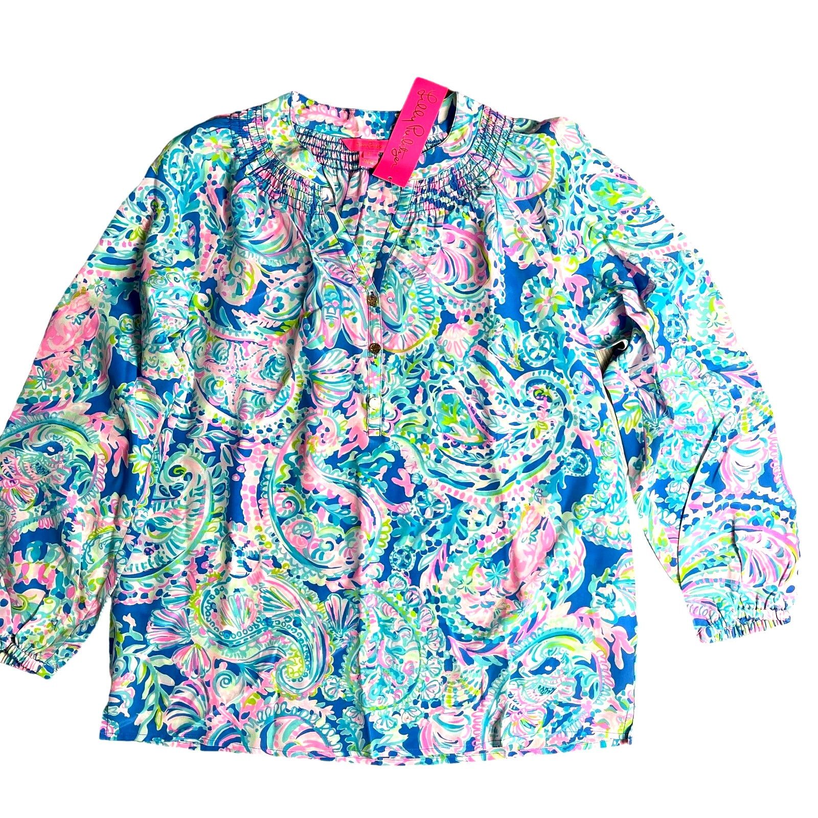 image of Lilly Pulitzer Elsa Silk Blouse Top Dream Team Small $158 in Blue, Women's