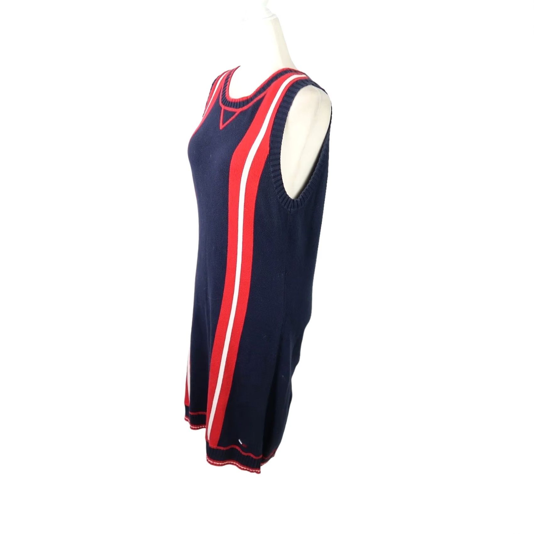 Tommy Hilfiger VINTAGE Tommy Hilfiger Sweater Dress Navy Blue Red Stripe 90s Cotton Knit Sleeveless Knee Length L Womens Size L / US 10 / IT 46 - 3 Thumbnail